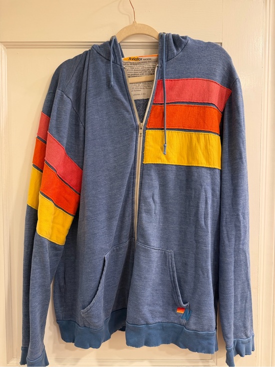 Aviator Nation Sweaters - Aviator Nation Heather Blue Zip-Up Hoodie with Red, Orange & Yellow Stripes, XL